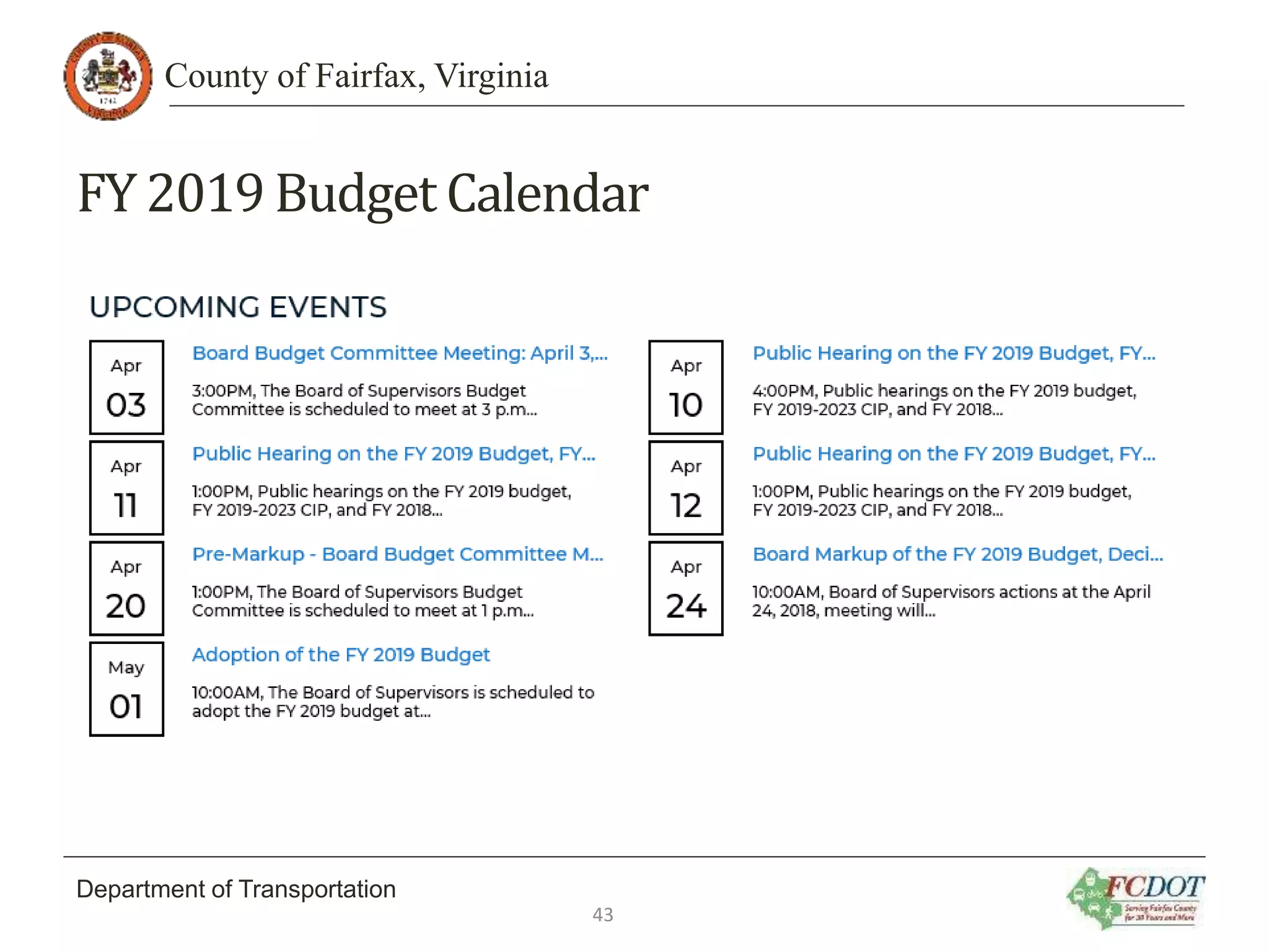 County of Fairfax, Virginia
Department of Transportation
FY 2019Budget Calendar
43
 