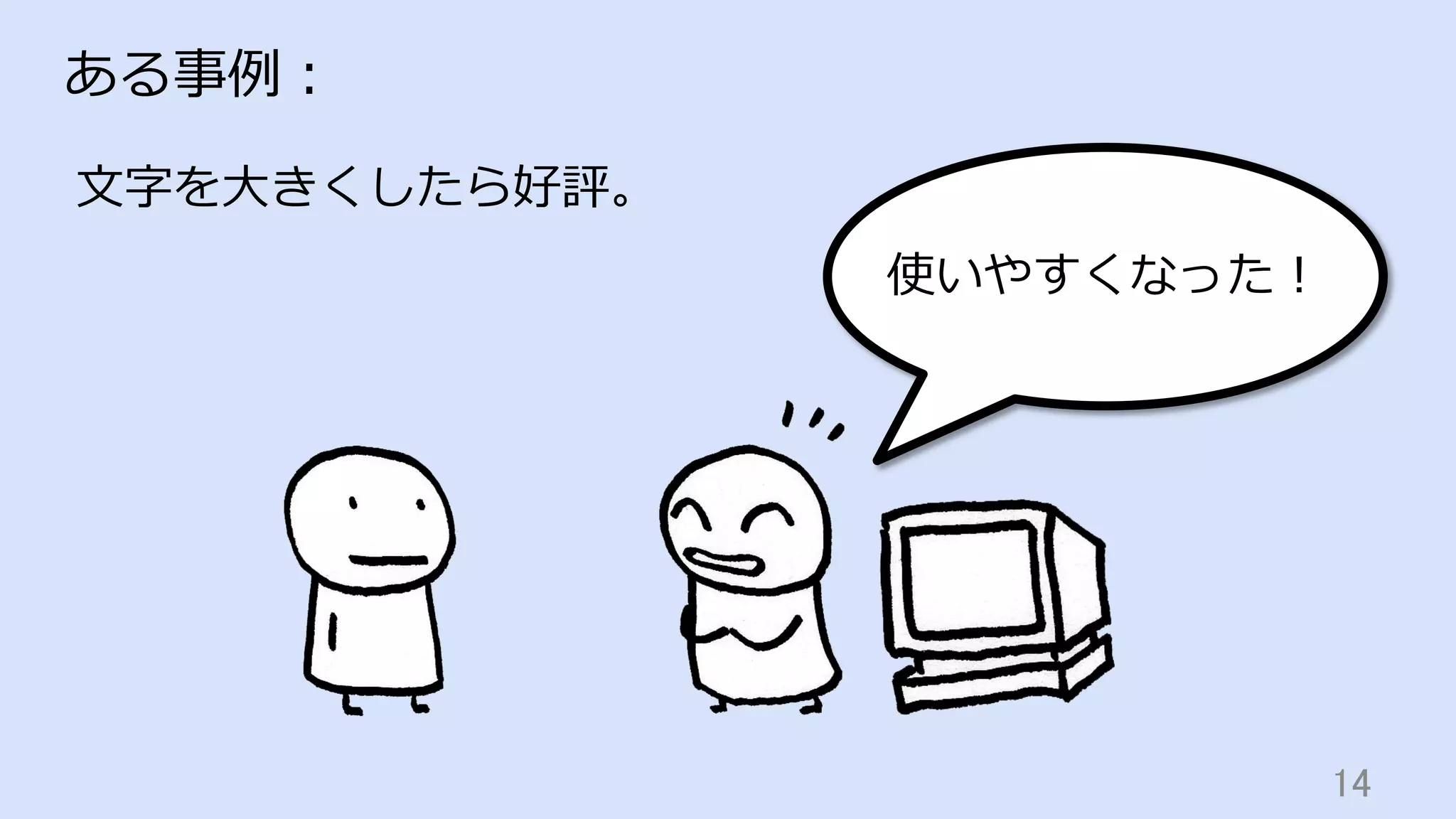 14	
ある事例：
⽂字を⼤きくしたら好評。
使いやすくなった！
 