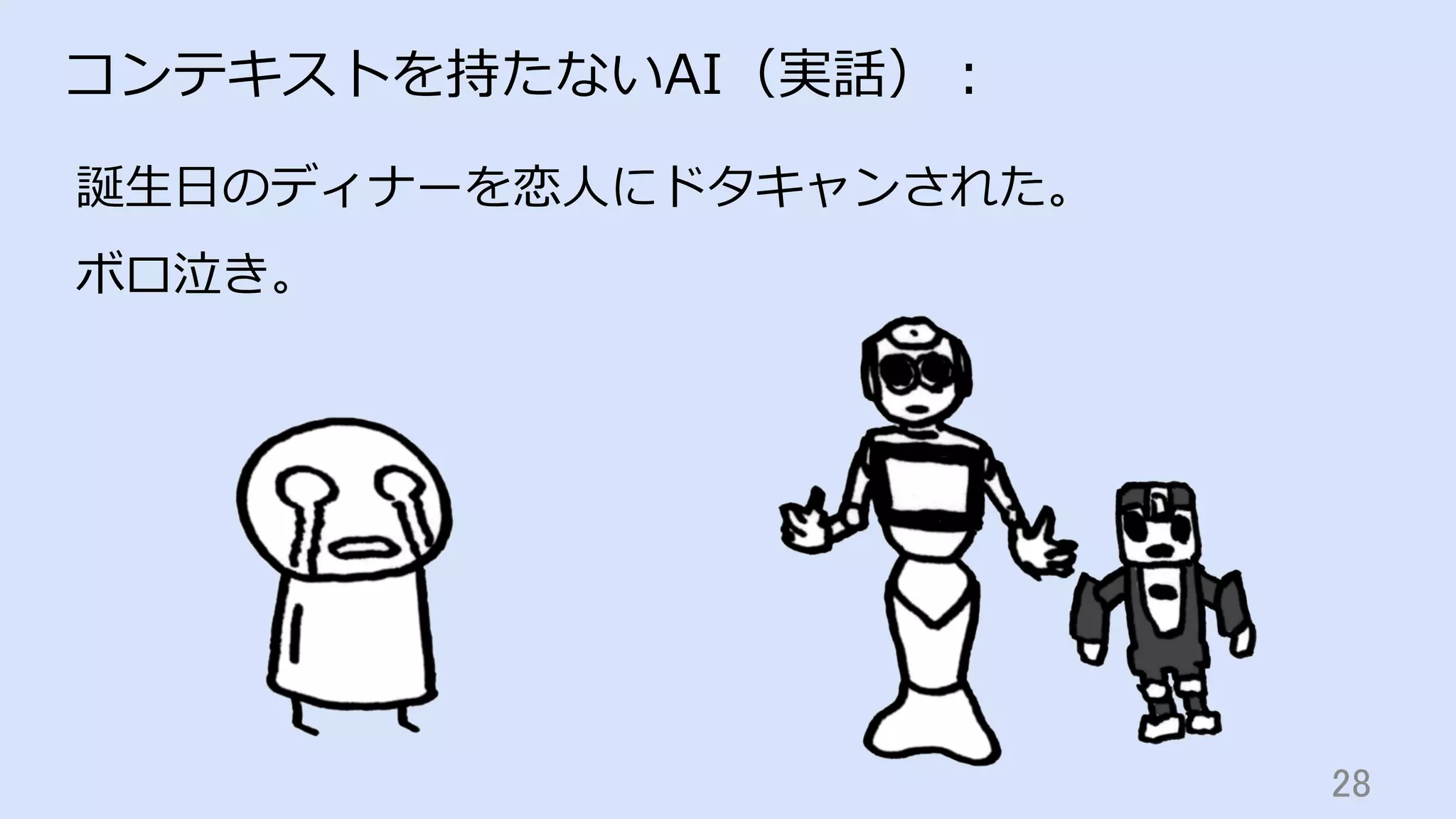28	
コンテキストを持たないAI（実話）：
誕⽣⽇のディナーを恋⼈にドタキャンされた。
ボロ泣き。
 
