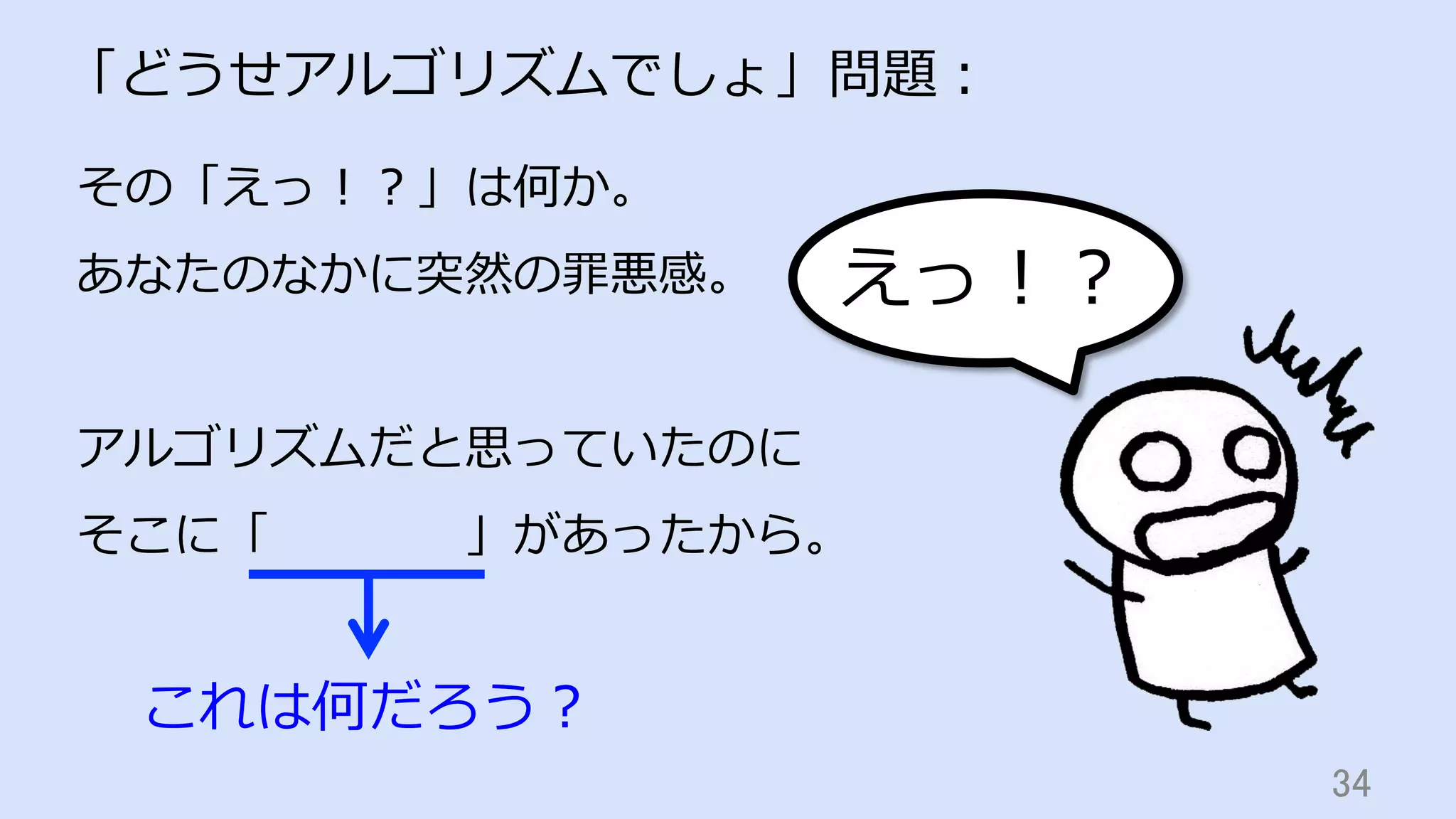えっ！？
34	
「どうせアルゴリズムでしょ」問題：
その「えっ！？」は何か。
あなたのなかに突然の罪悪感。
アルゴリズムだと思っていたのに
そこに「    」があったから。
これは何だろう？
 