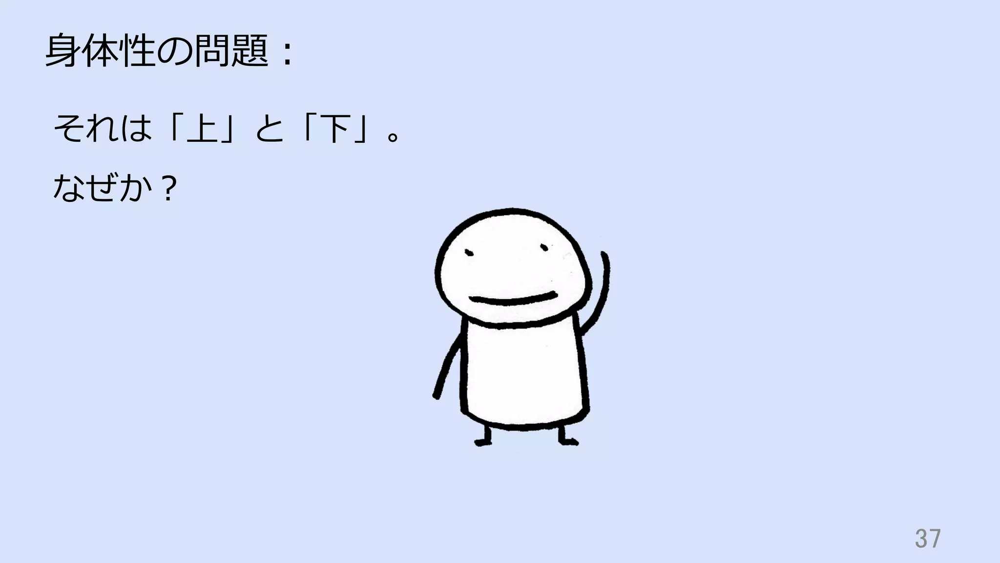 37	
⾝体性の問題：
それは「上」と「下」。
なぜか？
 