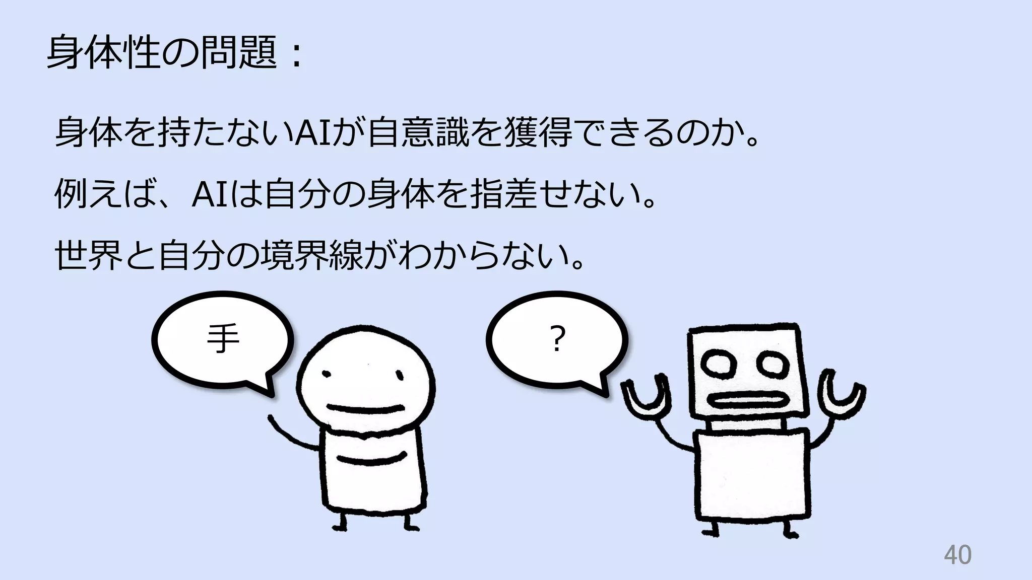 40	
⾝体性の問題：
⼿
⾝体を持たないAIが⾃意識を獲得できるのか。
例えば、AIは⾃分の⾝体を指差せない。
世界と⾃分の境界線がわからない。
？
 