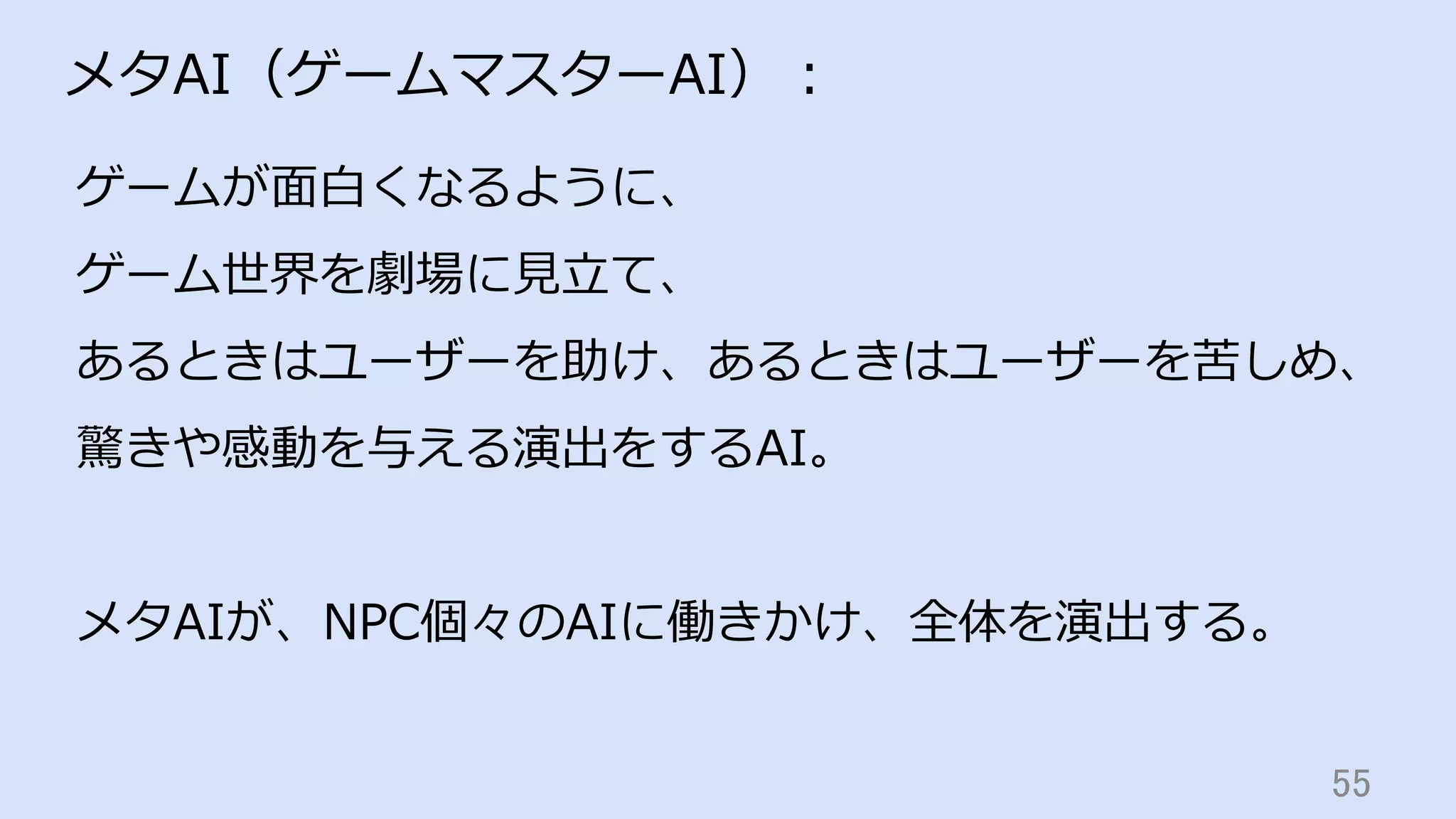55	
メタAI（ゲームマスターAI）：
ゲームが⾯⽩くなるように、
ゲーム世界を劇場に⾒⽴て、
あるときはユーザーを助け、あるときはユーザーを苦しめ、
驚きや感動を与える演出をするAI。
メタAIが、NPC個々のAIに働きかけ、全体を演出する。
 