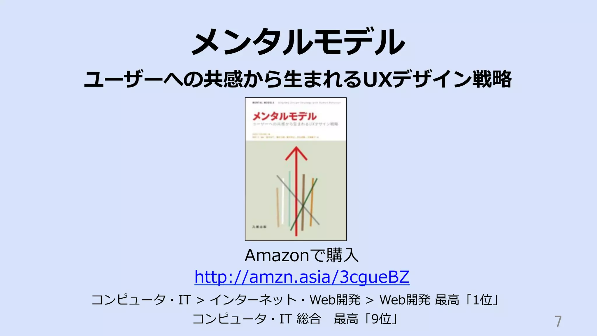 7	
メンタルモデル
ユーザーへの共感から⽣まれるUXデザイン戦略
Amazonで購⼊
http://amzn.asia/3cgueBZ
コンピュータ・IT > インターネット・Web開発 > Web開発 最⾼「1位」
コンピュータ・IT 総合 最⾼「9位」
 