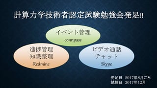 ӋѧgJԇY㏊k!!
k 20178¤
ԇY 201712
٥ȹ
connpass
Mù
֪R
Redmine
ӥǥͨԒ
å
Skype
 