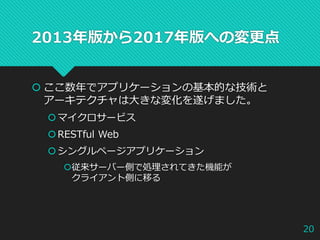 2013年版から2017年版への変更点
 ここ数年でアプリケーションの基本的な技術と
アーキテクチャは大きな変化を遂げました。
マイクロサービス
RESTful Web
シングルページアプリケーション
従来サーバー側で処理されてきた機能が
クライアント側に移る
20
 