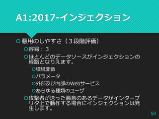 A1:2017-インジェクション
悪用のしやすさ（３段階評価）
容易：３
ほとんどのデータソースがインジェクションの
経路となりえます。
環境変数
パラメータ
外部及び内部のWebサービス
あらゆる種類のユーザ
攻撃者が送った悪意のあるデータがインタープ
リタ上で動作する場合にインジェクションは発
生します。
50
 