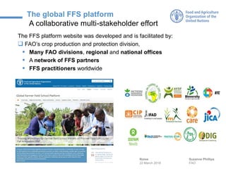 The global FFS platform
A collaborative multi-stakeholder effort
The FFS platform website was developed and is facilitated by:
 FAO’s crop production and protection division,
▪ Many FAO divisions, regional and national offices
▪ A network of FFS partners
▪ FFS practitioners worldwide
Suzanne Phillips
FAO
Rome
22 March 2018
 