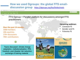 How we used Dgroups: the global FFS email-
discussion group https://dgroups.org/fao/fieldschools
Topics discussed: climate change
adaptation, institutionalization, IPM,
livestock, post disaster risk reduction;
exchange of training material ..
FFS Dgroup = Parallel platform for discussions amongst FFS
practitioners
Over the past 14 months…
1000 members
106 countries
174+ discussions
790+ contributions
Upcoming webinars
• Livestock FS
• Gender and FS
• Fisheries FS
Rome
22 March 2018
Suzanne Phillips
FAO
 