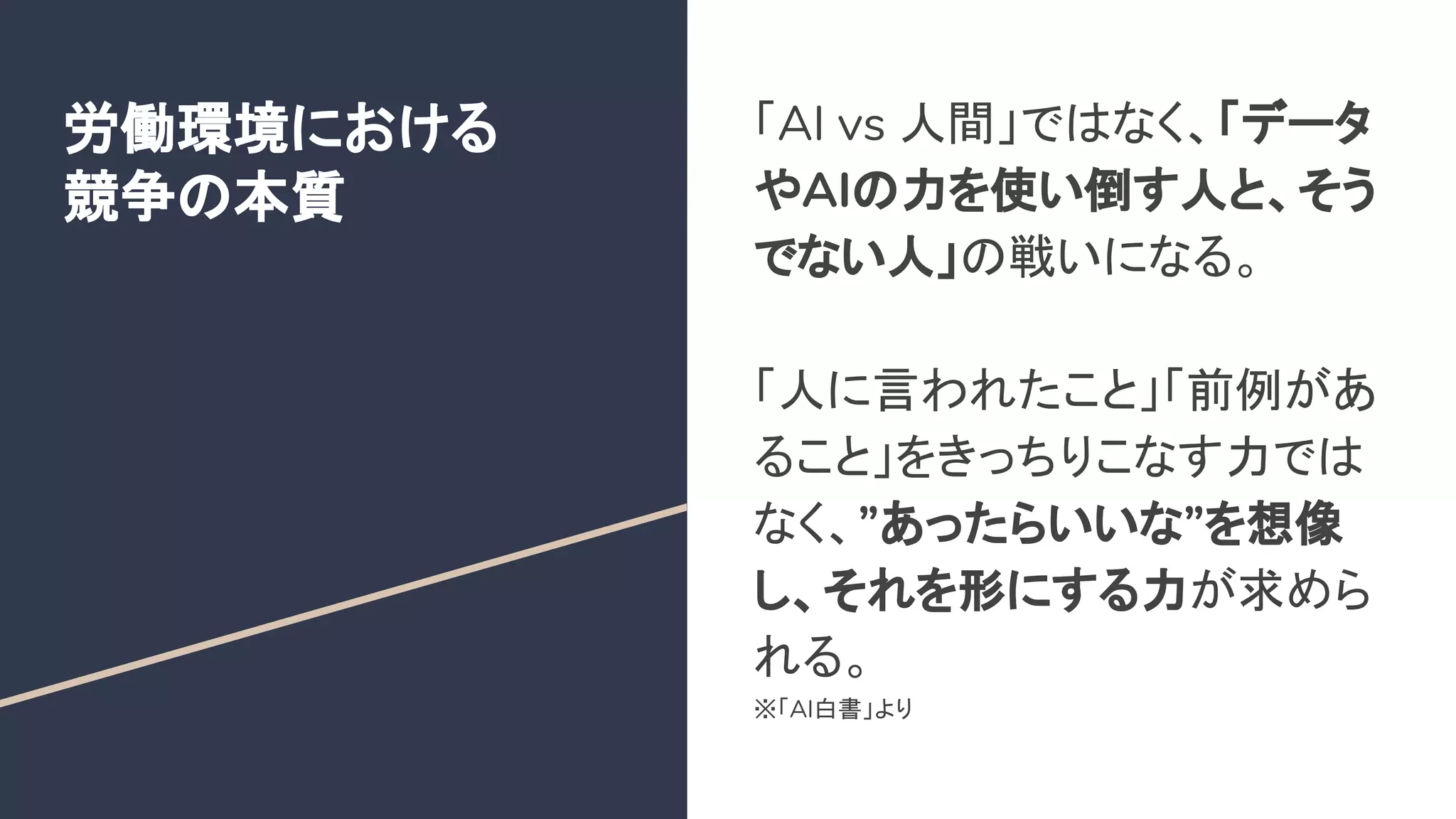 労働環境における
競争の本質
「AI vs 人間」ではなく、「データ
やAIの力を使い倒す人と、そう
でない人」の戦いになる。
「人に言われたこと」「前例があ
ること」をきっちりこなす力では
なく、”あったらいいな”を想像
し、それを形にする力が求めら
れる。
※「AI白書」より
 