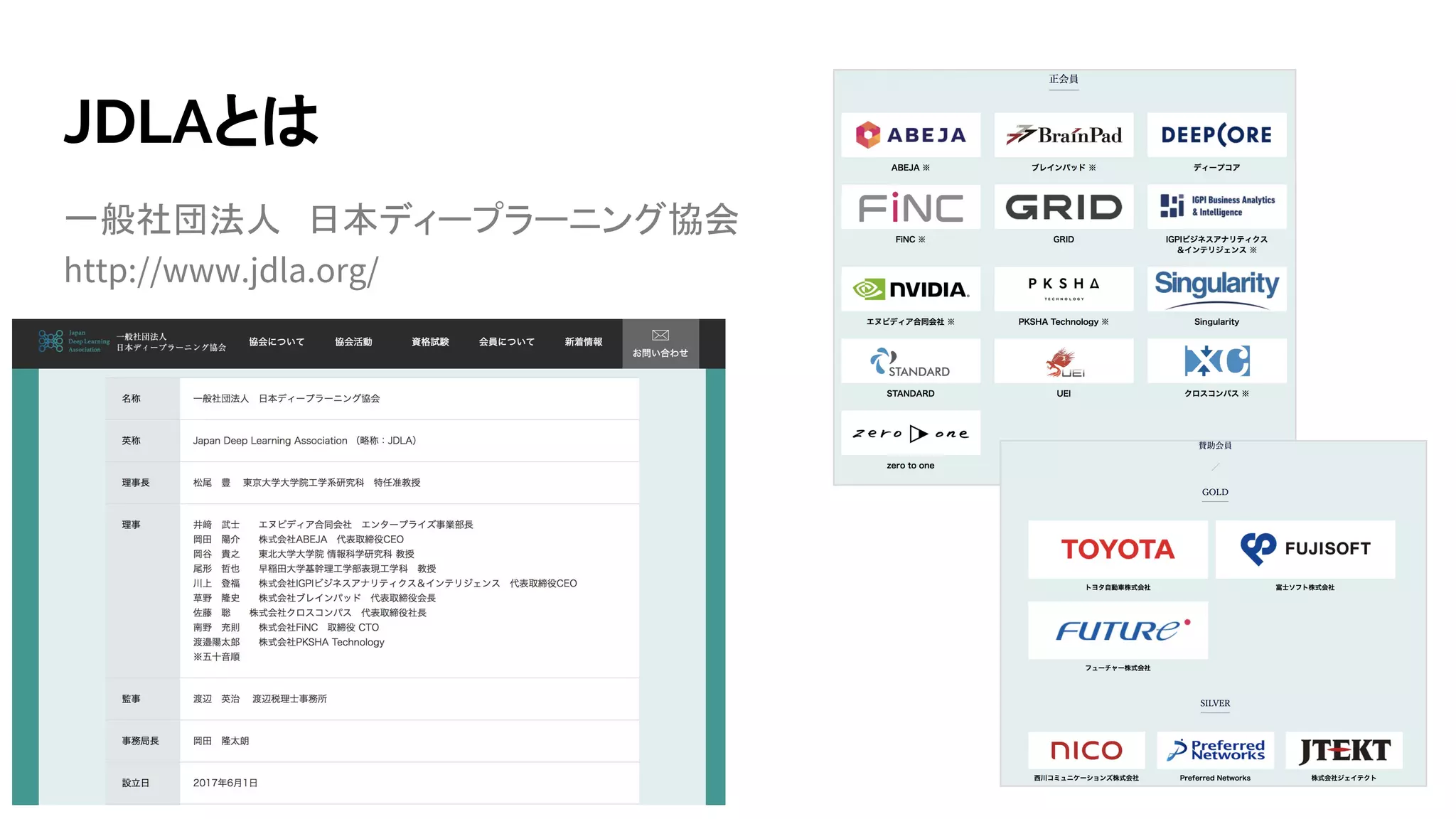 JDLAとは
一般社団法人　日本ディープラーニング協会
http://www.jdla.org/
 