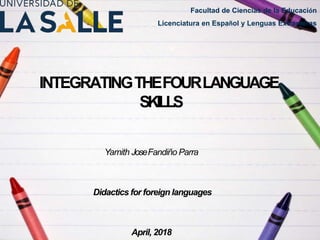 INTEGRATINGTHEFOURLANGUAGE
SKILLS
Yamith JoseFandiño Parra
Didactics for foreign languages
April, 2018
Facultad de Ciencias de la Educación
Licenciatura en Español y Lenguas Extranjeras
 