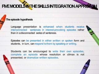 Theepisode hypothesis
-
Language presentation is enhanced when students receive
interconnected sentences in interest-provoking episodes rather
than in adisconnected series of sentences.
Episodes can be presented in either written or spoken form and
students, in turn, can respond tothem by speaking or writing.
Students can be encouraged to write their own episodes,
complete an episode whose resolution or climax is not
presented, or dramatize written episodes.
FIVEMODELSINTHESKILLSINTEGRATIONAPPROACH
 