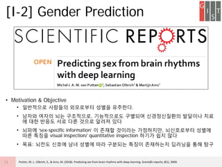 ? Motivation & Objective
? ????? ???? ????? ??? ????.
? ??? ??? ?? ?????, ?????? ???? ??????? ???? ??
? ?? ??? ?? ?? ??? ??? ??
? ??? sex-specific information ? ??? ???? ?????, ?????? ???
?? ??? visual inspection/ quantitative inspection ??? ?? ??
? ??: ??? ??? ?? ??? ?? ???? ??? ????? ???? ?? ??
[I-2] Gender Prediction
11 Putten, M. J., Olbrich, S., & Arns, M. (2018). Predicting sex from brain rhythms with deep learning. Scientific reports, 8(1), 3069.
 