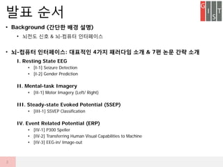 ? Background (??? ?? ??)
? ??? ?? & ?-??? ?????
? ?-??? ?????: ???? 4?? ???? ?? & 7? ?? ?? ??
I. Resting State EEG
? [I-1] Seizure Detection
? [I-2] Gender Prediction
II. Mental-task Imagery
? [II-1] Motor Imagery (Left/ Right)
III. Steady-state Evoked Potential (SSEP)
? [III-1] SSVEP Classification
IV. Event Related Potential (ERP)
? [IV-1] P300 Speller
? [IV-2] Transferring Human Visual Capabilities to Machine
? [IV-3] EEG-in/ Image-out
?? ??
2
 