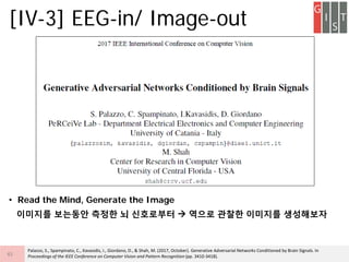 ? Read the Mind, Generate the Image
???? ???? ??? ? ????? ? ??? ??? ???? ?????
[IV-3] EEG-in/ Image-out
45
Palazzo, S., Spampinato, C., Kavasidis, I., Giordano, D., & Shah, M. (2017, October). Generative Adversarial Networks Conditioned by Brain Signals. In
Proceedings of the IEEE Conference on Computer Vision and Pattern Recognition (pp. 3410-3418).
 