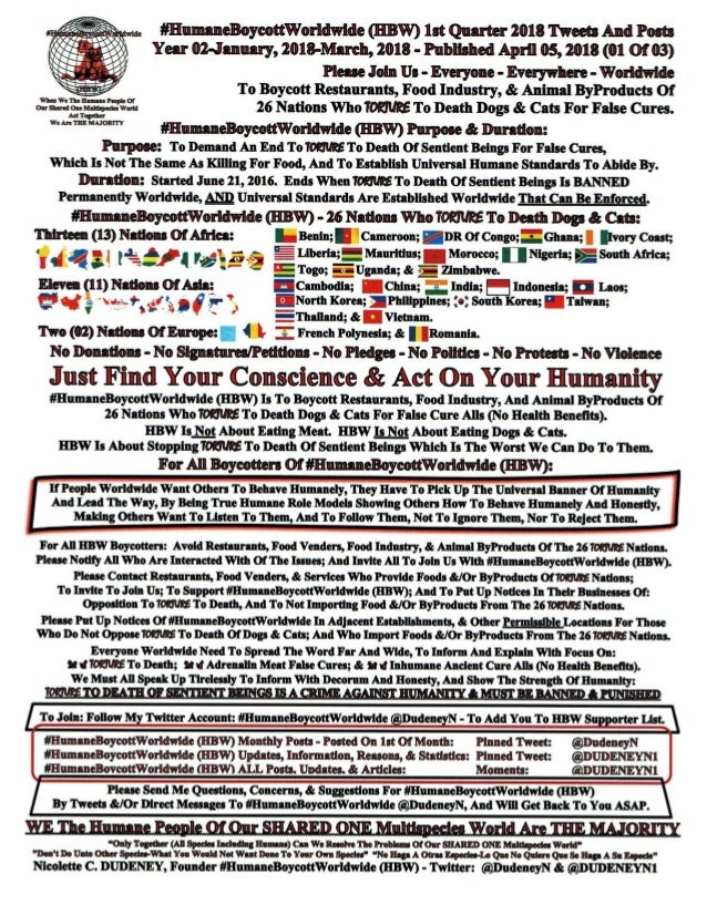 1st Quarter 2018: Tweets And Posts
Year 02-January, 2018-March, 2018
#HumaneBoycottWorldwide (HBW)
Published April 05, 201...