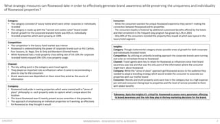 What strategic measures can Rosewood take in order to effectively generate brand awareness while preserving the uniqueness and individuality
of Rosewood properties?
2/8/2019 MKM805MMS - ROSEWOOD HOTEL & RESORTS 2
Category:
• The category consisted of luxury hotels which were either corporate or individually
branded
• The category is made up with the “canned and cookie cutter” brand model
• Overall growth for the corporate branded hotels was 85% vs. individually
branded properties which were growing at 120%
Insights:
Category: Though cluttered the category shows possible areas of growth for both corporate
and individually branded hotels
Competition: By utilizing an umbrella branding approach the corporate brands were turning
out to be an immediate threat to Rosewood
Channel: Travel agents were key to retain for Rosewood as influencers since their brand
awareness was low and that was the only point of the information where the consumer
might learn about Rosewood
Company: While the “sense of place” approach got Rosewood access to the audience they
needed to adapt a branding strategy which would enable the consumer to associate our
properties with our mother brand
Consumer: Revisits and multi-property visits were low in the category due to a high expense
per visit and consumers being loyal to properties and the level of service provided to them
with added benefits
Competition:
• The competition in the luxury hotel market was intense
• Rosewood is underestimating the power of corporate brands such as Ritz Carlton,
Four Seasons, St. Regis, One & Only and Mandarin Oriental Hotels
• While Rosewood had a multi-property cross-selling rate of 5%-10% the corporate
branded hotels enjoyed 10%-15% cross-property usage.
Consumer:
- While the consumers wanted the unique Rosewood experience they weren’t making the
connection between Rosewood and its properties
- The consumers loyalty is fostered by additional customized benefits offered by the hotels
and their enrolment in the frequent-stay program has grown by 12% in 2003
- Only 40% of the consumers revisited the property they stayed at which was typical in the
luxury hotel segment
Company:
• Rosewood took pride in owning properties which were created with a “sense of
place” philosophy i.e. each property seeks to capture what’s unique about the
location
• The brand Rosewood wasn’t heavily present across amenities in the properties
• The approach of emphasizing on individual properties isn’t working as effectively
for Rosewood as they thought it would
Channel:
• The key selling point in the category were travel agents
• They played an important role as influencers when it came to recommending a
place to stay for the consumers
• Brand awareness was dependent on them since they acted as the source of
information
Takeaway: Basis the insights it’s critical for Rosewood to assess every parameter affecting
its brand awareness and the role they play in the key marketing decisions for the brand.
 
