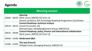 2
Agenda
Morning session
10h00 - 10h10
Opening
Mark Lowry, WBCSD-CSI Chair LD
Simone Landolina, IEA Technology Roadmap Pro...
