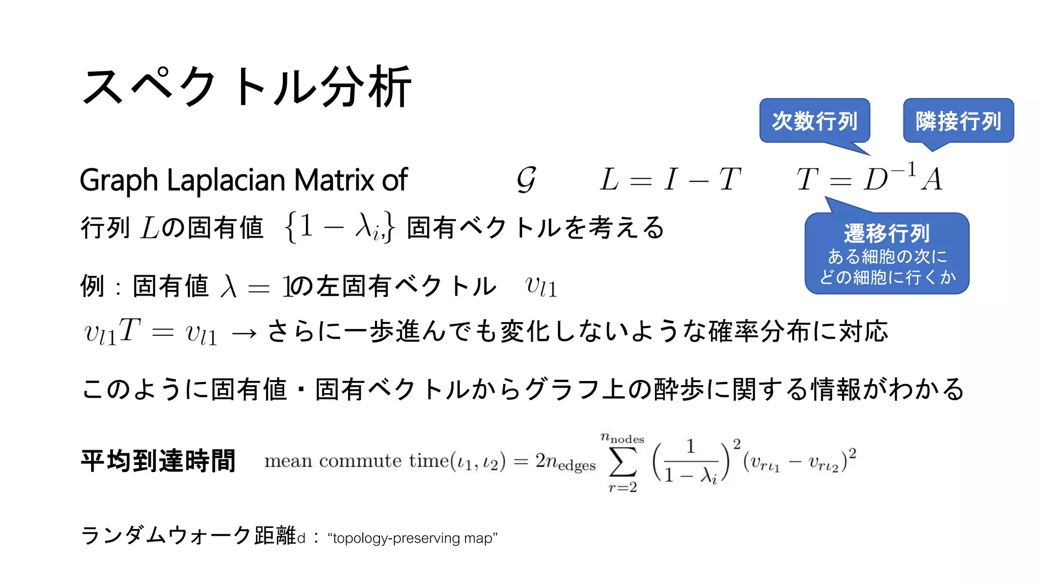 スペクトル分析
Graph Laplacian Matrix of
行列 の固有値 ，固有ベクトルを考える
例：固有値 の左固有ベクトル
→ さらに一歩進んでも変化しないような確率分布に対応
このように固有値・固有ベクトルからグラフ上の酔歩に関する情報がわかる
平均到達時間
ランダムウォーク距離d：“topology-preserving map”
隣接行列次数行列
遷移行列
ある細胞の次に
どの細胞に行くか
 