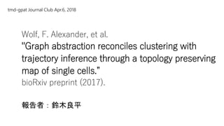 Wolf, F. Alexander, et al.
"Graph abstraction reconciles clustering with
trajectory inference through a topology preserving
map of single cells.”
bioRxiv preprint (2017).
報告者：鈴木良平
tmd-gpat Journal Club Apr.6, 2018
 