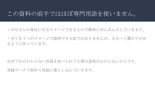 この資料の前半ではほぼ専門用語を使いません。
・みなさんの身近にあるイメージできるもので簡単にぽんぽん示していきます。
・全てを１つのイメージで説明できる訳ではありませんが、なるべく繋がりがあ
るように作っています。
なぜ？わけわからない用語を並べられても僕は意味がわからないからです。
実践ワークで初めて用語に落とし込んでいきます。
 