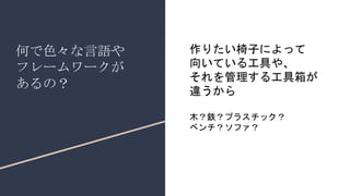 何で色々な言語や
フレームワークが
あるの？
作りたい椅子によって
向いている工具や、
それを管理する工具箱が
違うから
木？鉄？プラスチック？
ベンチ？ソファ？
 