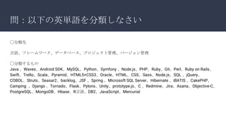 問：以下の英単語を分類しなさい
◯分類先
言語、フレームワーク、データベース、プロジェクト管理、バージョン管理
◯分類するもの
Java 、Waves、Android SDK、MySQL、Python、Symfony 、Node.js、PHP、Ruby、Git、Perl、Ruby on Rails、
Swift、Trello、Scala、Pyramid、HTML5+CSS3、Oracle、HTML、CSS、Sass、Node.js、SQL 、jQuery、
COBOL、Struts、Seasar2、backlog、JSF 、Spring 、Microsoft SQL Server、Hibernate 、iBATIS 、CakePHP、
Camping 、Django 、Tornado、Flask、Pylons、Unity、prototype.js、C 、Redmine、Jira、Asana、Objective-C、
PostgreSQL、MongoDB、Hbase、R言語、DB2、JavaScript、Mercurial
 