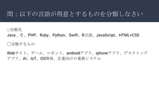 問：以下の言語が得意とするものを分類しなさい
◯分類先
Java 、C 、PHP、Ruby、Python、Swift、R言語、JavaScript、HTML+CSS
◯分類するもの
Webサイト、ゲーム、ロボット、androidアプリ、iphoneアプリ、デスクトップ
アプリ、AI、IoT、OS開発、企業向けの業務システム
 