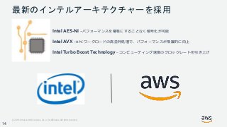 © 2018, Amazon Web Services, Inc. or its Affiliates. All rights reserved.
最新のインテルアーキテクチャーを採用
Intel AES-NI –パフォーマンスを犠牲にすることなく暗号化が可能
Intel AVX –HPC ワークロードの高並列処理で、パフォーマンスが飛躍的に向上
IntelTurbo BoostTechnology – コンピューティング速度のクロックレートを引き上げ
14
 