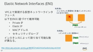 © 2018, Amazon Web Services, Inc. or its Affiliates. All rights reserved.
Elastic Network Interfaces (ENI)
VPC上で実現する仮想ネットワークインタ
フェース
以下をENIに紐づけて維持可能
• Private IP
• Elastic IP
• MACアドレス
• セキュリティグループ
インスタンスによって割り当て可能な数
が異なる。
eth0: 192.168.1.10
eth0:172.16.3.1
eth1:10.3.5.2
利用例2:
1インスタンスに複数NIC
利用例1:
インスタンス障害時に待機インスタンスに
NICを付け替え
http://docs.aws.amazon.com/ja_jp/AWSEC2/latest/UserGuide/using-eni.html
37
 