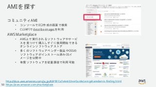 © 2018, Amazon Web Services, Inc. or its Affiliates. All rights reserved.
AMIを探す
コミュニティAMI
• コンソールでEC2作成の画面で検索
• CLI/APIで describe-imagesを利用
AWS Marketplace
• AWS上で実行されるソフトウェアやサービ
スを見つけて購入しすぐに使用開始できる
オンラインソフトウェアストア
• 多くのソフトウェアベンダー製品やOSSの
ソフトウェアがインストール済みOSイ
メージを公開中
• 有償ソフトウェアを従量課金で利用可能
http://docs.aws.amazon.com/ja_jp/AWSEC2/latest/UserGuide/usingsharedamis-finding.html
https://aws.amazon.com/marketplace50
 