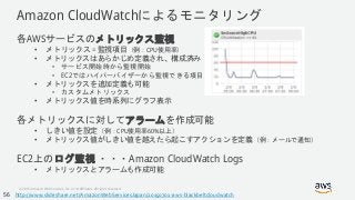 © 2018, Amazon Web Services, Inc. or its Affiliates. All rights reserved.
Amazon CloudWatchによるモニタリング
各AWSサービスのメトリックス監視
• メトリックス = 監視項目（例：CPU使用率）
• メトリックスはあらかじめ定義され、構成済み
• サービス開始時から監視開始
• EC2ではハイパーバイザーから監視できる項目
• メトリックスを追加定義も可能
• カスタムメトリックス
• メトリックス値を時系列にグラフ表示
各メトリックスに対してアラームを作成可能
• しきい値を設定（例：CPU使用率60%以上）
• メトリックス値がしきい値を越えたら起こすアクションを定義（例：メールで通知）
EC2上のログ監視 ・・・Amazon CloudWatch Logs
• メトリックスとアラームも作成可能
http://www.slideshare.net/AmazonWebServicesJapan/20150701-aws-blackbeltcloudwatch56
 