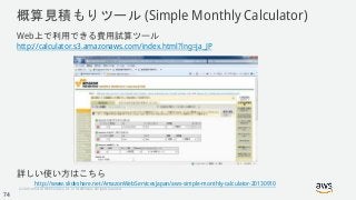 © 2018, Amazon Web Services, Inc. or its Affiliates. All rights reserved.
概算見積もりツール (Simple Monthly Calculator)
Web上で利用できる費用試算ツール
http://calculator.s3.amazonaws.com/index.html?lng=ja_JP
詳しい使い方はこちら
http://www.slideshare.net/AmazonWebServicesJapan/aws-simple-monthly-calculator-20130910
74
 