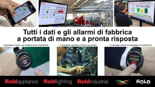 L’operatore riceve una notifica sullo smartwatch
Tutti i dati e gli allarmi di fabbrica
a portata di mano e a pronta risposta
L’operatore gestisce il fermo macchina Il manager riceve il messaggio di risoluzione
 