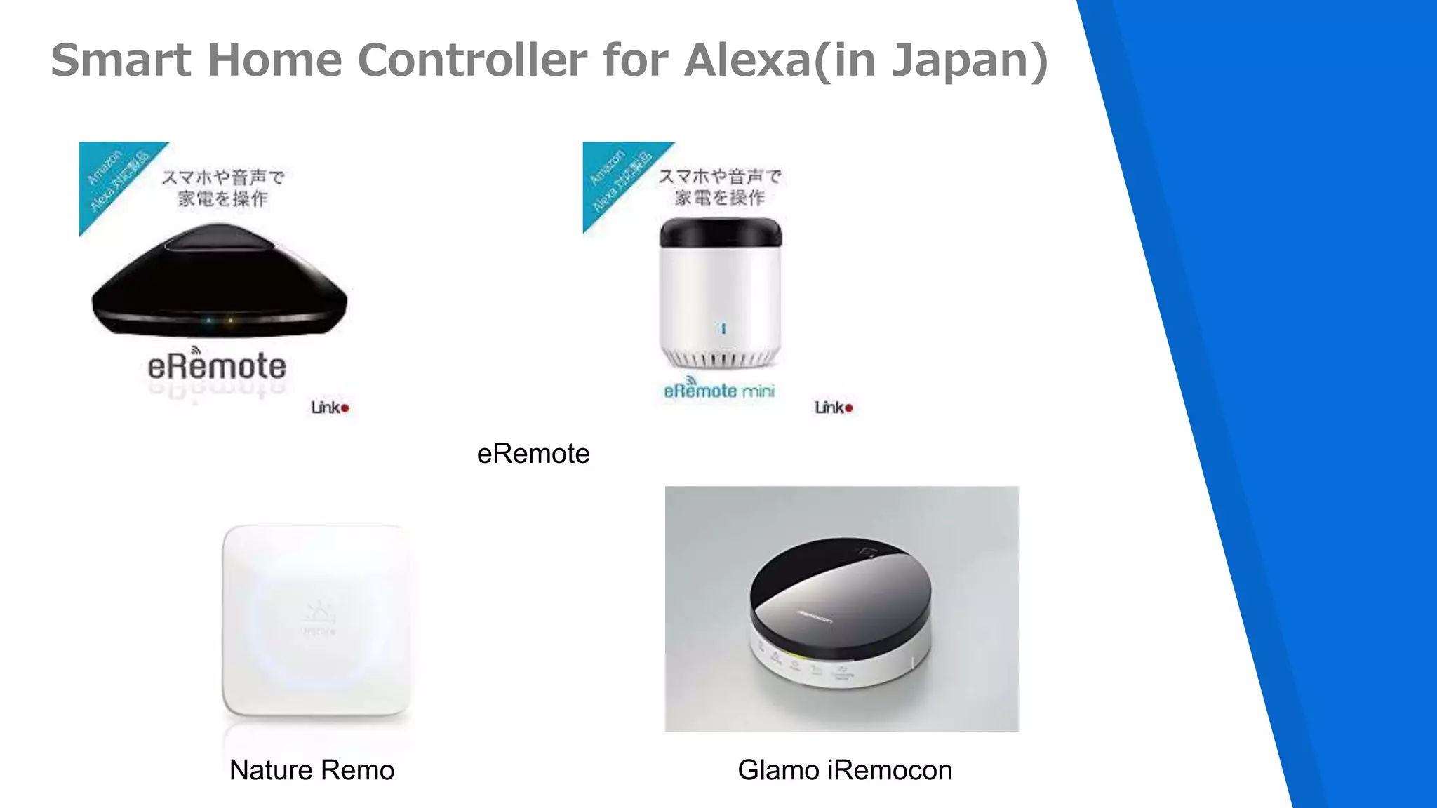 Smart Home Controller for Alexa(in Japan)
eRemote
Nature Remo Glamo iRemocon
 