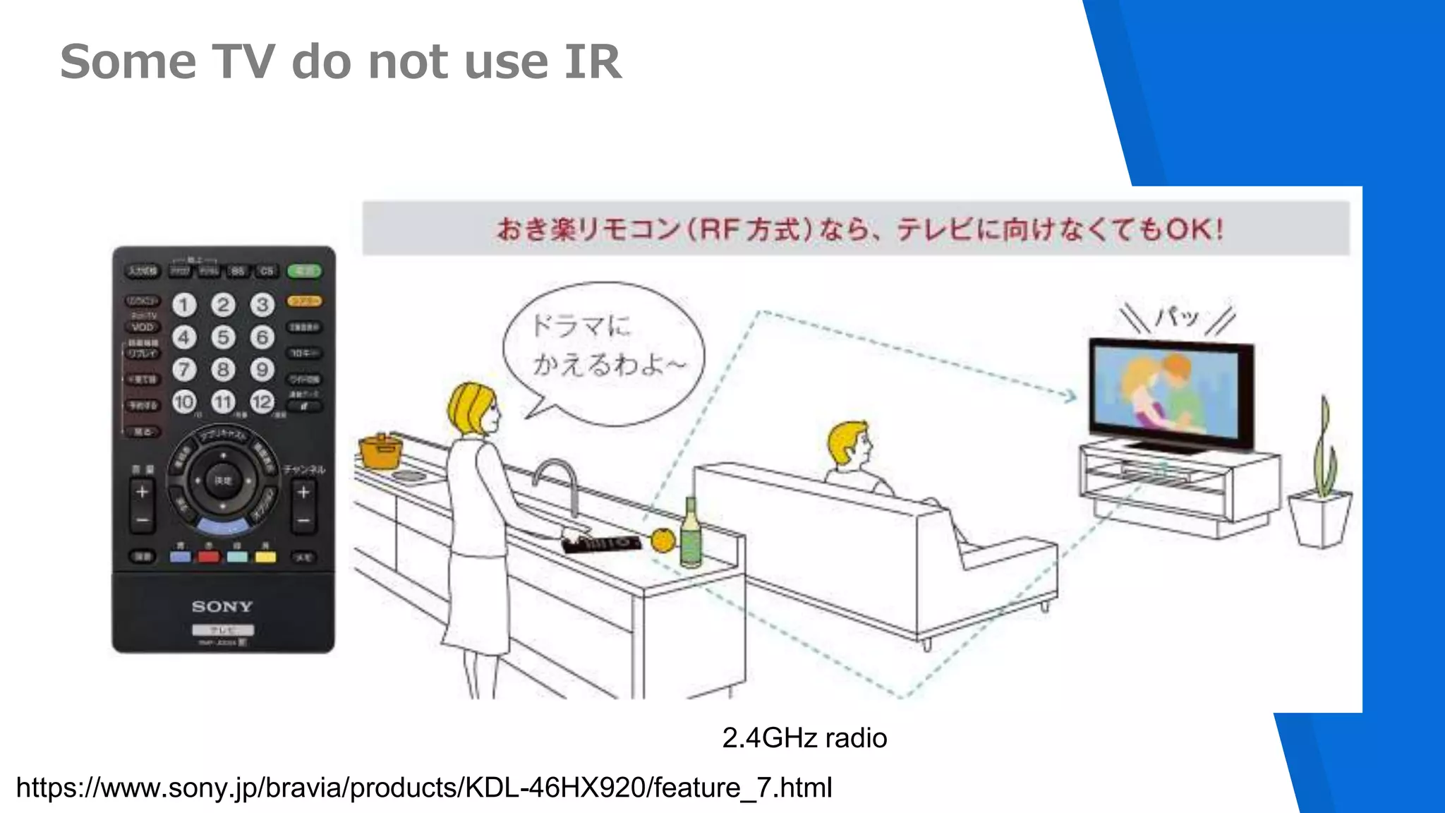 Some TV do not use IR
2.4GHz radio
https://www.sony.jp/bravia/products/KDL-46HX920/feature_7.html
 
