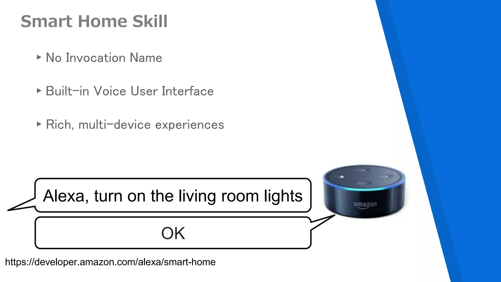 Smart Home Skill
▸No Invocation Name
▸Built-in Voice User Interface
▸Rich, multi-device experiences
https://developer.amazon.com/alexa/smart-home
Alexa, turn on the living room lights
OK
 