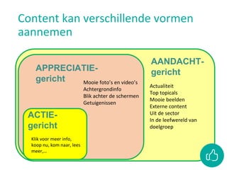 Content kan verschillende vormen
aannemen
APPRECIATIE-
gericht
AANDACHT-
gericht
ACTIE-
gericht
Klik voor meer info,
koop nu, kom naar, lees
meer,…
Mooie foto’s en video’s
Achtergrondinfo
Blik achter de schermen
Getuigenissen
Actualiteit
Top topicals
Mooie beelden
Externe content
Uit de sector
In de leefwereld van
doelgroep
 