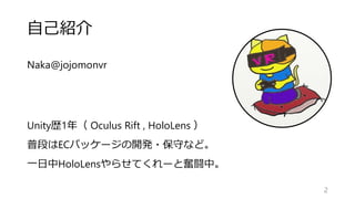 自己紹介
Naka@jojomonvr
2
Unity歴1年（ Oculus Rift , HoloLens ）
普段はECパッケージの開発・保守など。
一日中HoloLensやらせてくれーと奮闘中。
 