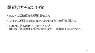 懇親会からのLT9発
• xMCNの活動紹介＠伊藤 武仙さん
• マイナス何度までHoloLensはいけるか？＠戸倉 彩さん
• TMCNに見る最新マーケティング
HBRの「拡張現実の並外れた可能性」概要＠下田 純一さん
36
 