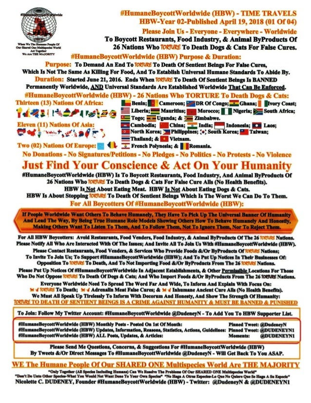 TIME TRAVELS
#HumaneBoycottWorldwide (HBW)
HBW-Year 02-April 19, 2018
Published April 19, 2018
By Nicolette C. DUDENEY
Fou...