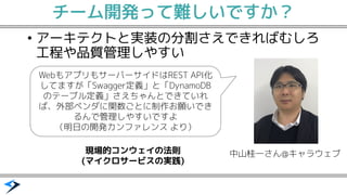チーム開発って難しいですか？
アーキテクト&bull; と実装の分割さえできればむしろ
工程や品質管理しやすい
中山桂一さん@キャラウェブ
WebもアプリもサーバーサイドはREST API化
してますが「Swagger定義」と「DynamoDB
のテーブル定義」さえちゃんとできていれ
ば、外部ベンダに関数ごとに制作お願いでき
るんで管理しやすいですよ
（明日の開発カンファレンス より）
現場的コンウェイの法則
(マイクロサービスの実践)
 