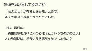 104	
冒頭を思い出してください：
「ものさし」が有るときと無いときで、
各⼈の意⾒も視点もバラバラでした。
では、冒頭の、
「資格試験を受ける⼈の⼼理はどういうものがあるか」
という質問は、どういう状態だったでしょうか？
 