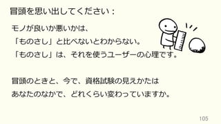 105	
冒頭を思い出してください：
モノが良いか悪いかは、
「ものさし」と⽐べないとわからない。
「ものさし」は、それを使うユーザーの⼼理です。
冒頭のときと、今で、資格試験の⾒えかたは
あなたのなかで、どれくらい変わっていますか。
 