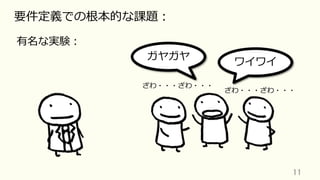 11	
要件定義での根本的な課題：
有名な実験：
ガヤガヤ
ワイワイ
ざわ・・・ざわ・・・
ざわ・・・ざわ・・・
 