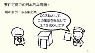 17	
要件定義での根本的な課題：
別の事例：ある製造業
QC活動として、
この帳票を転記して
ミスを減らします
 