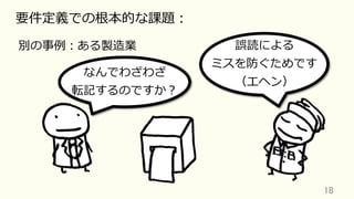 18	
要件定義での根本的な課題：
別の事例：ある製造業
なんでわざわざ
転記するのですか？
誤読による
ミスを防ぐためです
（エヘン）
 