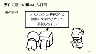 19	
要件定義での根本的な課題：
別の事例：
システムから印字される
帳票の⽂字が⼩さくて
誤読しやすい
 