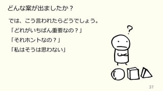 37	
どんな案が出ましたか？
では、こう⾔われたらどうでしょう。
「どれがいちばん重要なの？」
「それホントなの？」
「私はそうは思わない」
 